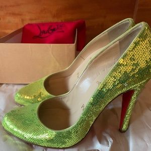 Christian Louboutin Neon Lime Green Sequin Heels Sz 38